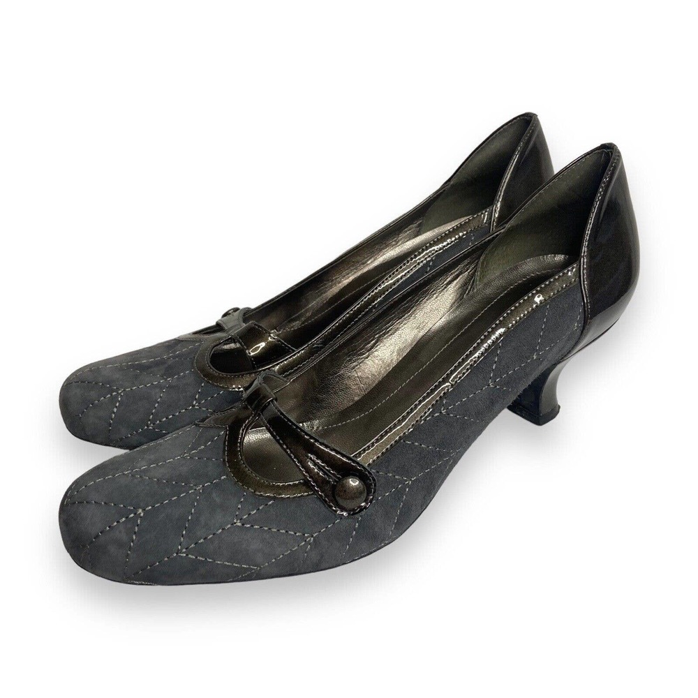 Franco Sarto Mary Jane Kitten Heel Pumps Size 10N Gray Stitching Suede Workwear - Picture 1 of 12